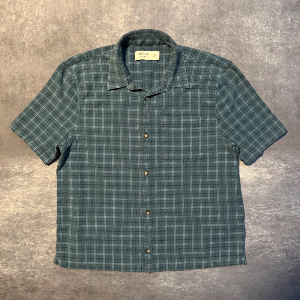 Hollister Mens Boxy Crop Fit Plaid Button Up Shirt Short Sleeve Blue Checked M